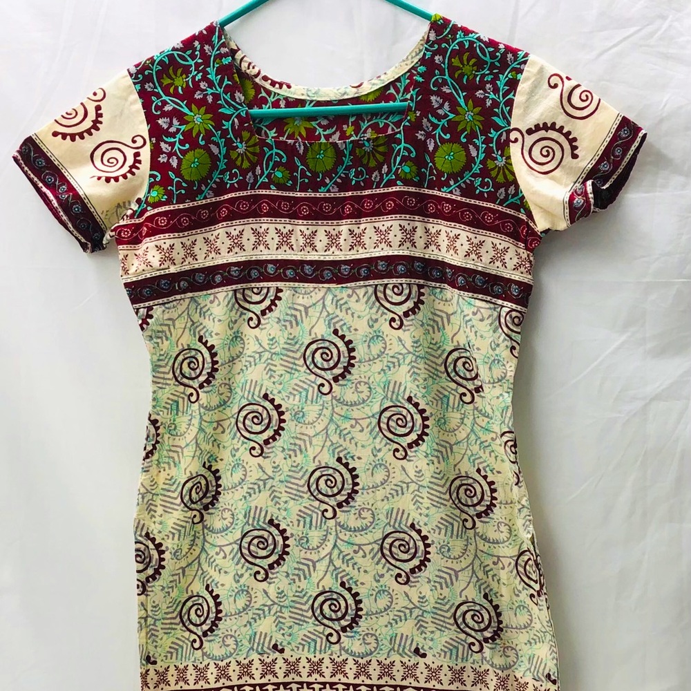Boho Dress Burgundy Cream Print Tunic Handmade